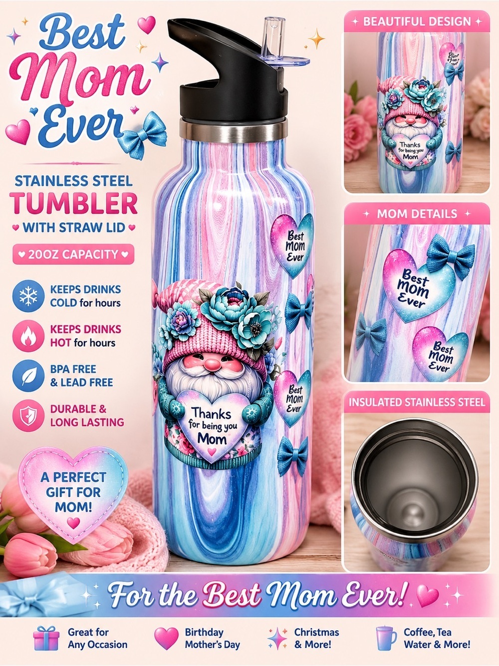 Hand Crafted Blue Pink Floral Gnome Stainless Water Bottle